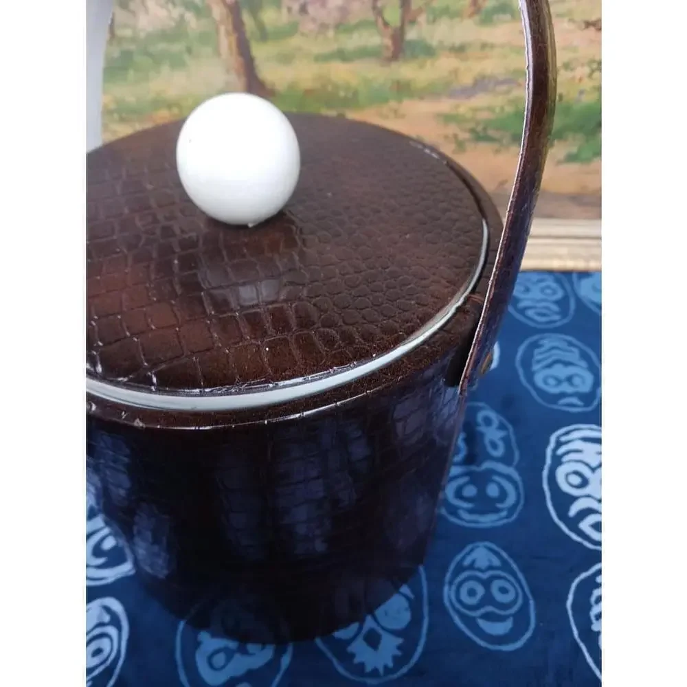 Vintage Ice Bucket Faux Lizard Print Brown White